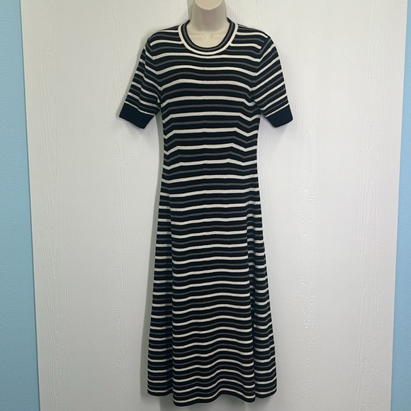 EVERLANE - Ribbed Taupe Canvas Black Stripe Short Sleeve Midi Dress Size Large - Picture 3 of 12
